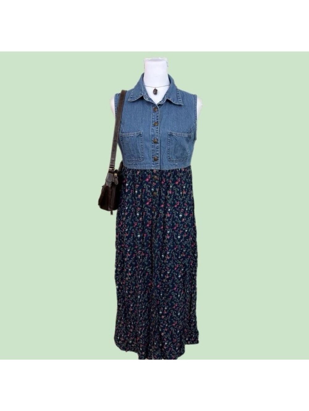 90s denim ditsy floral cottagecore button front dress